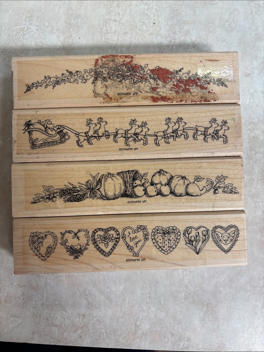 Stampin' Up! Wood Stamp Set - Natural Wood with Black Ink Designs